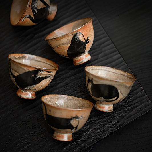 Gohobi Handmade Black Ink Hand-painted Cat Tea Cup 002