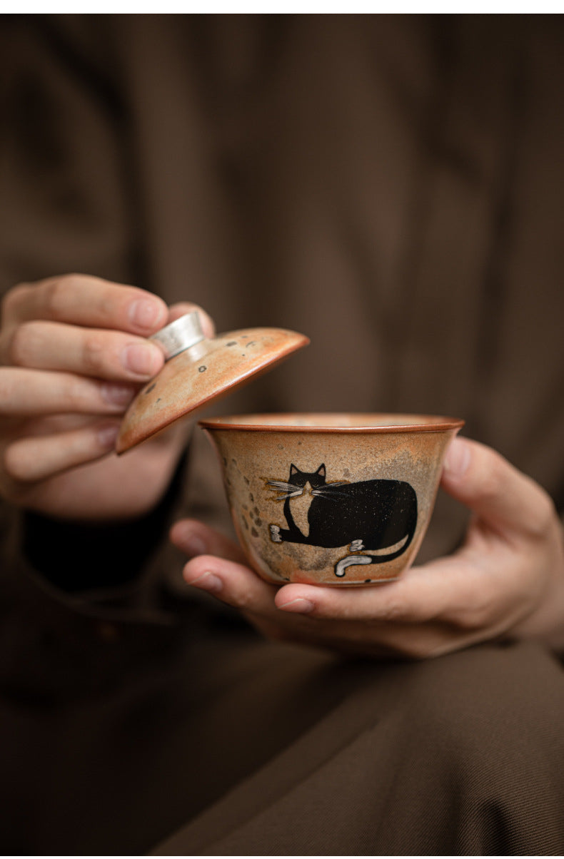 Gohobi Handmade Black Ink Hand-painted Cat Gaiwan 007