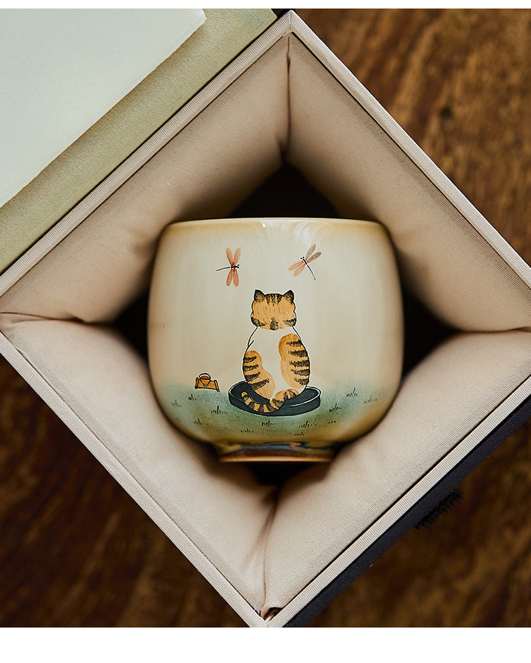 Gohobi Hand-Painted Retro Orange Cat Tea Cup