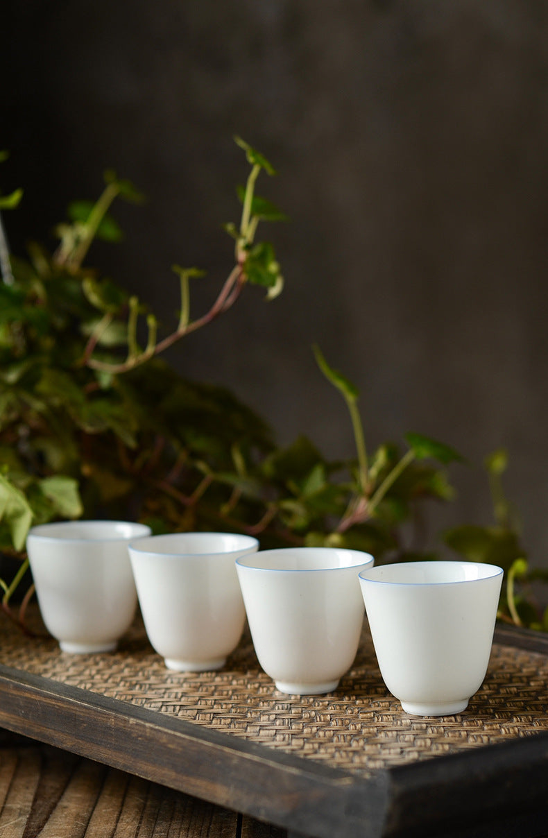 Gohobi Handmade Classic White Blue Rim Ceramic Tea Cup (Thin 60ml version)