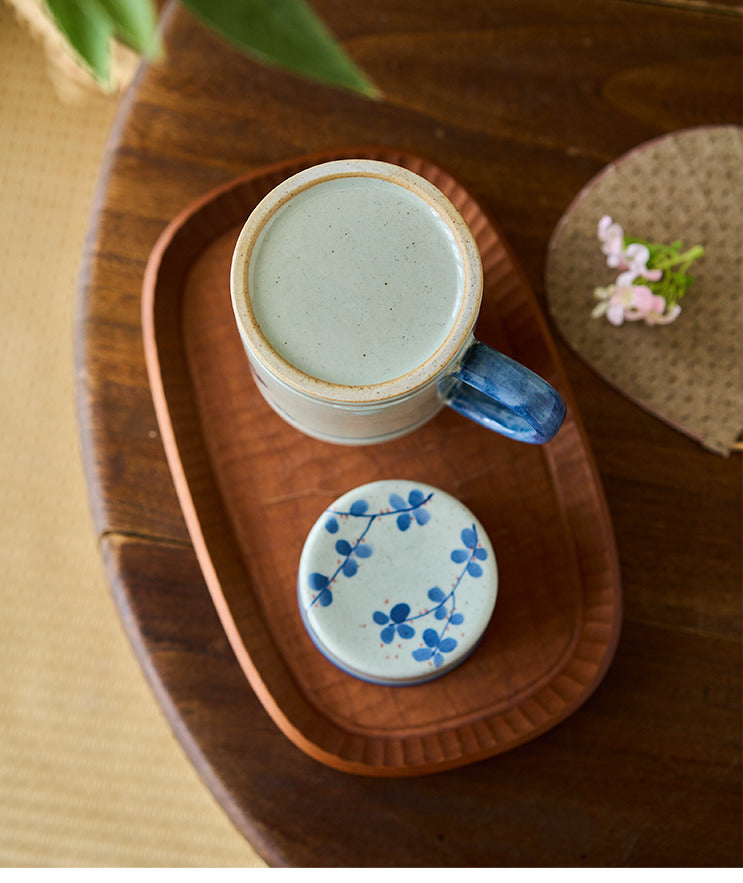 Gohobi Hand-Painted Blue and White Osmanthus Cat Mug with Lid Cup