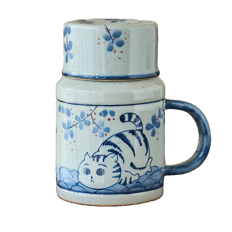 Gohobi Hand-Painted Blue and White Osmanthus Cat Mug with Lid Cup