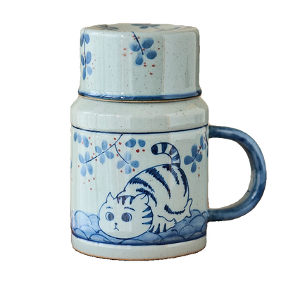 Gohobi Hand-Painted Blue and White Osmanthus Cat Mug with Lid Cup