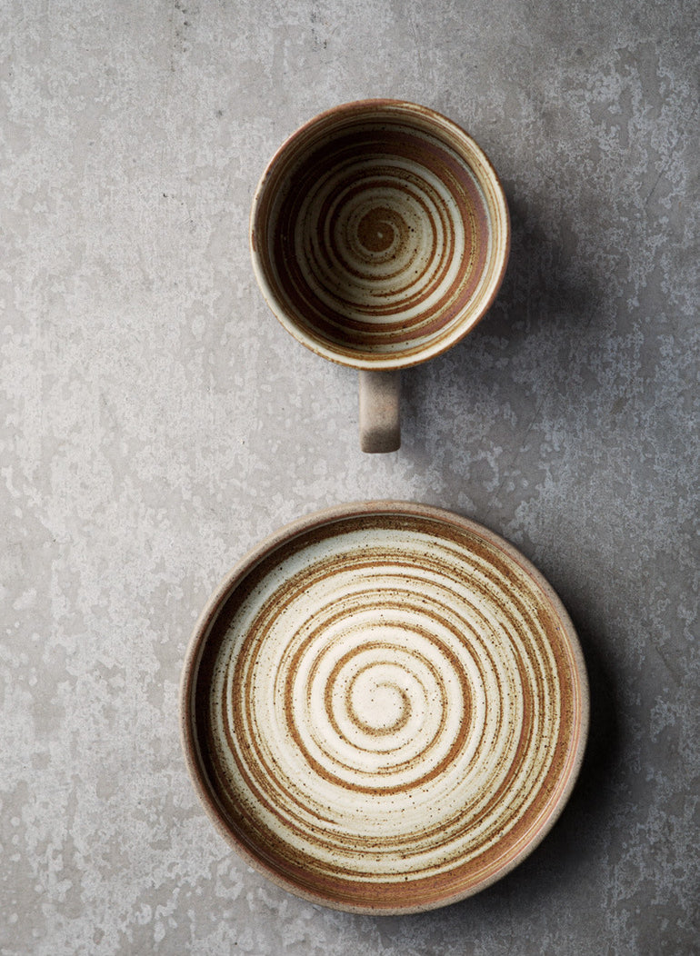 Gohobi Handmade Stoneware Black and Brown Coffee Mug and Saucer