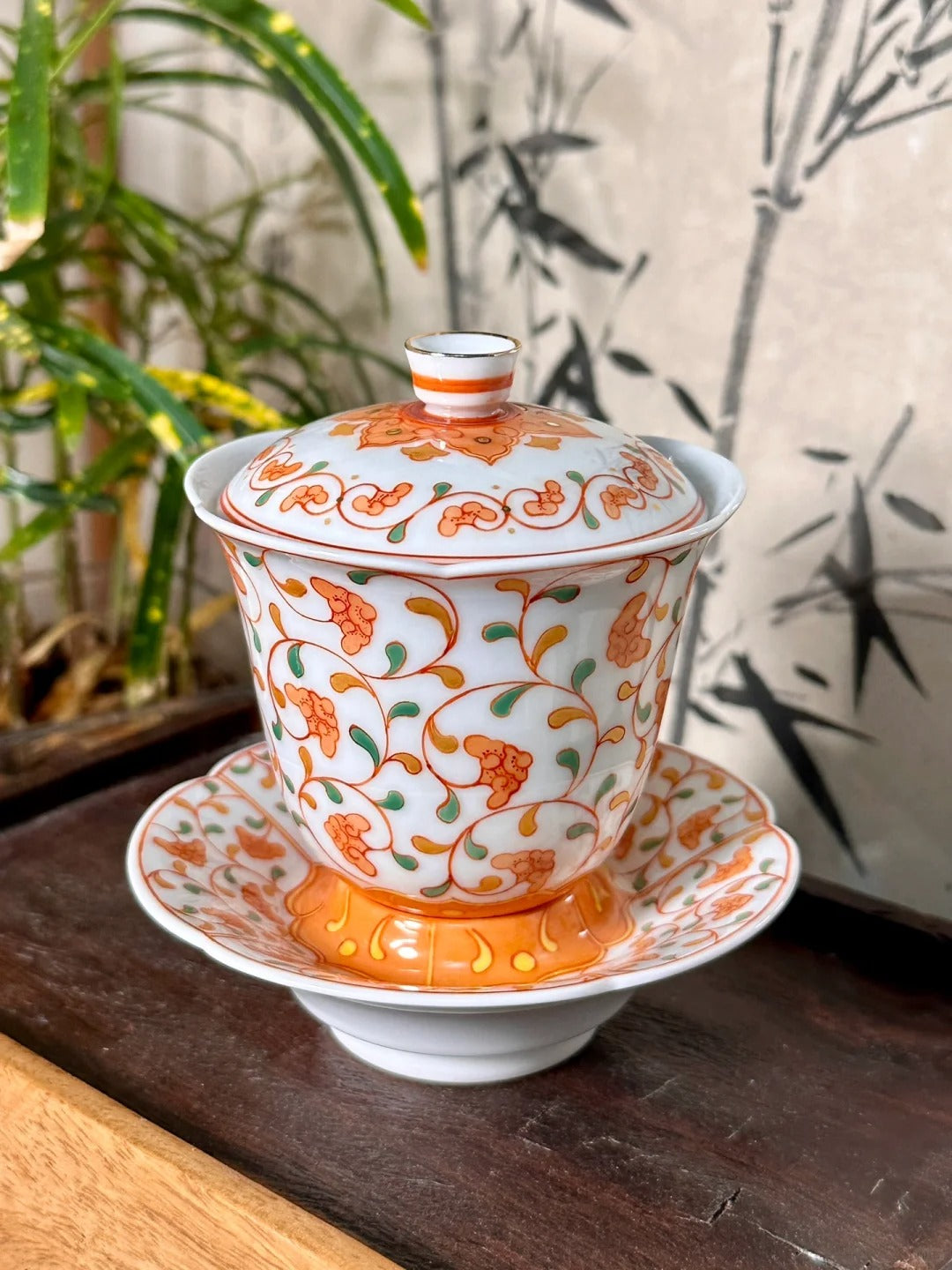 [Qinghetang x Gohobi Gallery] Hand-painted Golden Red Orange Ganoderma Lucidum Pattern Tea Gaiwan Saucer Plate Tea Cup