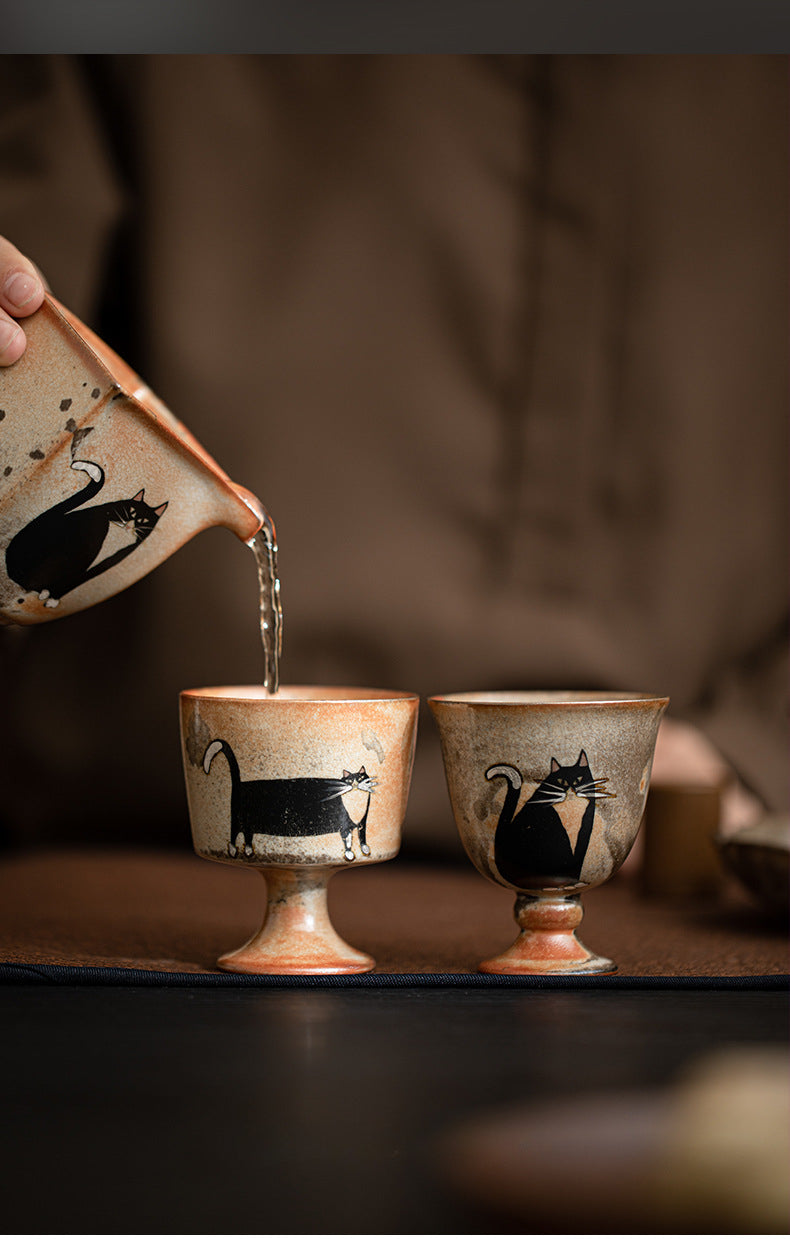 Gohobi Handmade Black Ink Hand-painted Cat Tea Cup 004