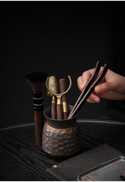 Ensemble d'ustensiles à thé Gongfu en bois Gohobi avec support en or noir