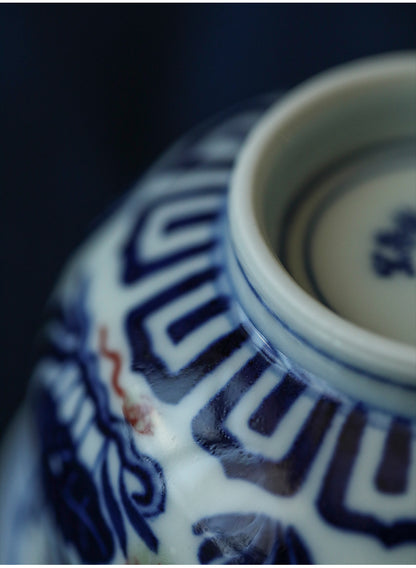 Tasse à thé en bois peinte à la main Gohobi en forme de poisson Yongle rouge, bleu et blanc pressé à la main