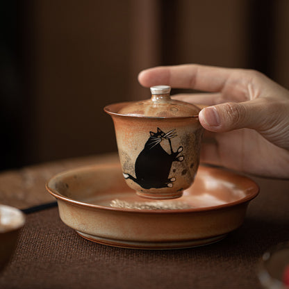 Gohobi Handmade Black Ink Hand-painted Cat Gaiwan 010