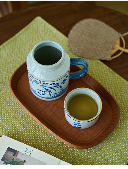 Gohobi Hand-Painted Blue and White Osmanthus Cat Mug with Lid Cup