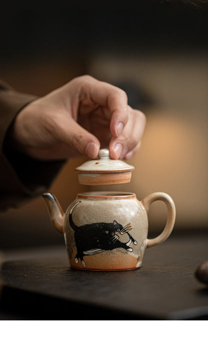 Gohobi Handmade Black Ink Hand-painted Cat Teapot 006