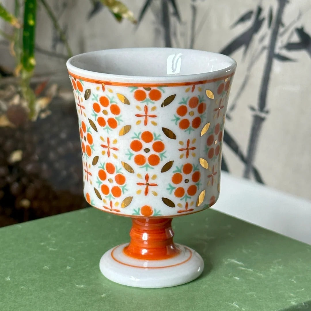 [Qinghetang x Gohobi Gallery] Hand-painted Golden Red Orange Lotus Tea Cup with Stem