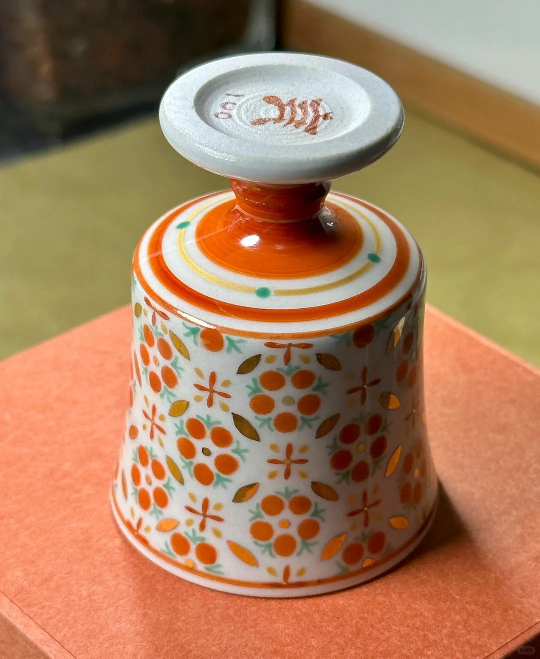 [Qinghetang x Gohobi Gallery] Hand-painted Golden Red Orange Lotus Tea Cup with Stem