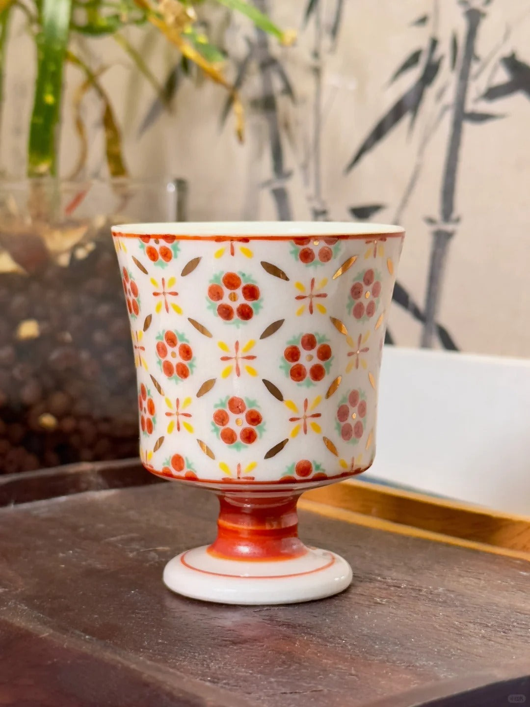 [Qinghetang x Gohobi Gallery] Hand-painted Golden Red Orange Lotus Tea Cup with Stem