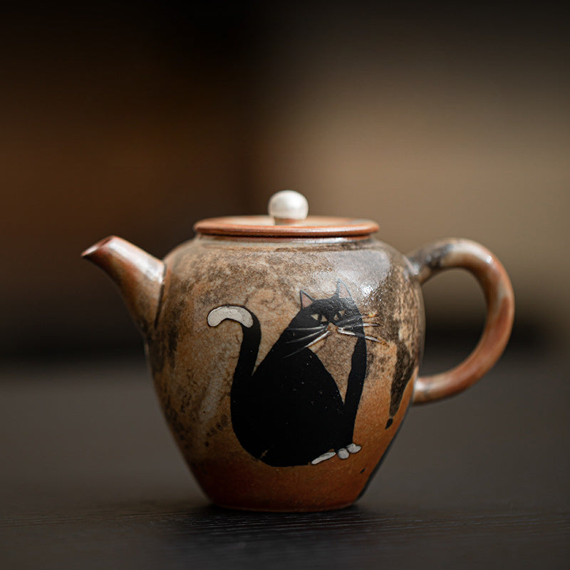 Gohobi Handmade Black Ink Hand-painted Cat Teapot 002