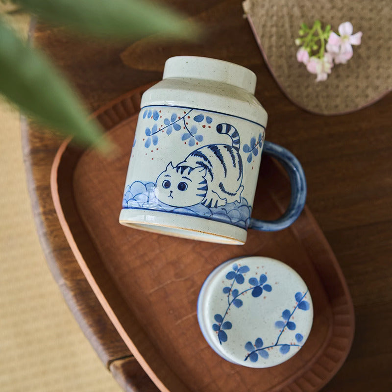 Gohobi Hand-Painted Blue and White Osmanthus Cat Mug with Lid Cup