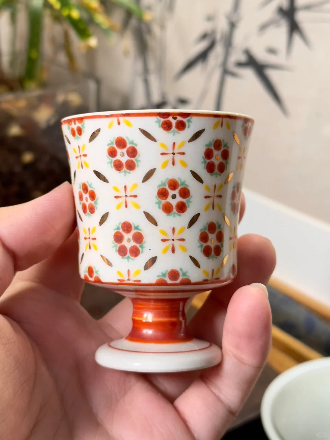 [Qinghetang x Gohobi Gallery] Hand-painted Golden Red Orange Lotus Tea Cup with Stem