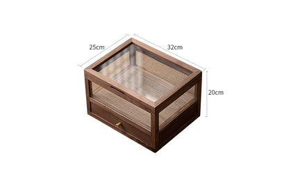 Gohobi Walnut Wood Glass Tea Cabinet with Drawer