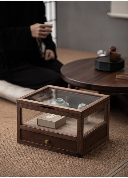 Gohobi Walnut Wood Glass Tea Cabinet with Drawer