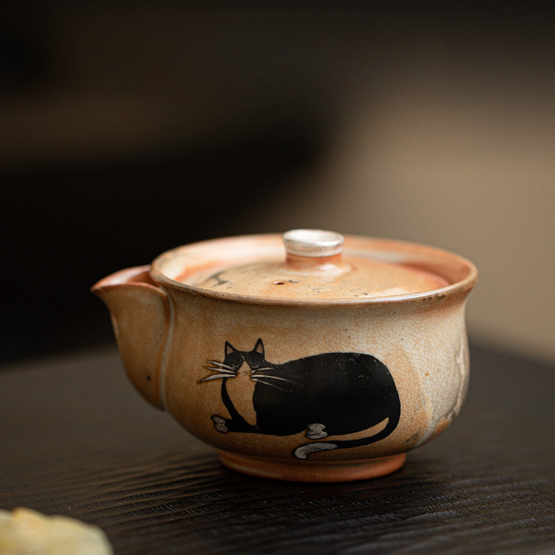 Gohobi Handmade Black Ink Hand-painted Cat Gaiwan 009  Hohin Teapot