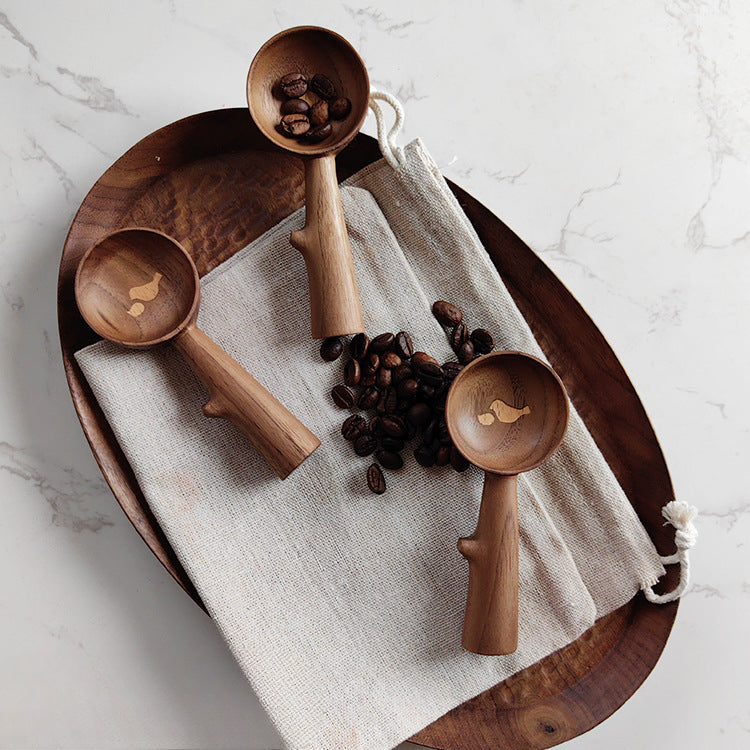 Gohobi Handmade Walnut Coffee Bean Measuring Spoon Birds Pattern 007