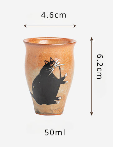 Gohobi Handmade Black Ink Hand-painted Cat Tea Cup 001