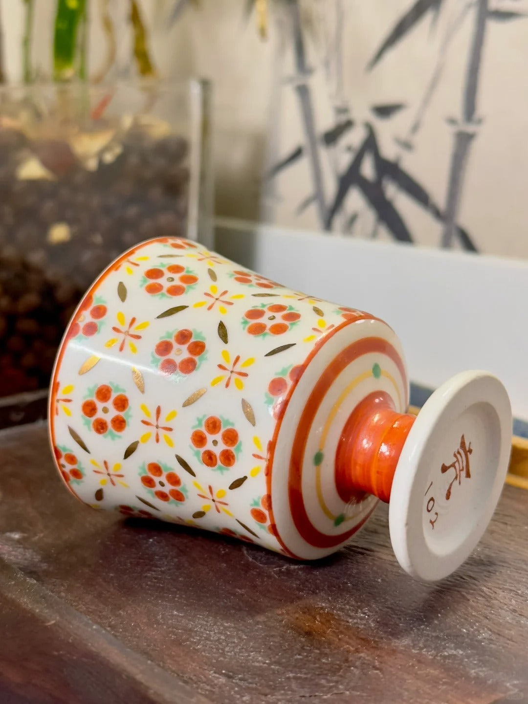 [Qinghetang x Gohobi Gallery] Hand-painted Golden Red Orange Lotus Tea Cup with Stem