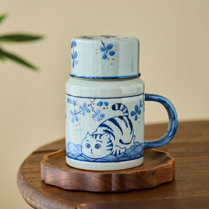 Gohobi Hand-Painted Blue and White Osmanthus Cat Mug with Lid Cup