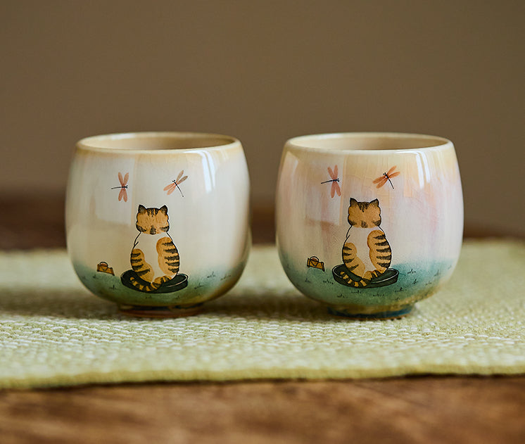 Gohobi Hand-Painted Retro Orange Cat Tea Cup