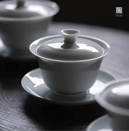 [賦山敘 x Gohobi] Gaiwan et soucoupe en céramique blanche de jade faits à la main de Jingdezhen