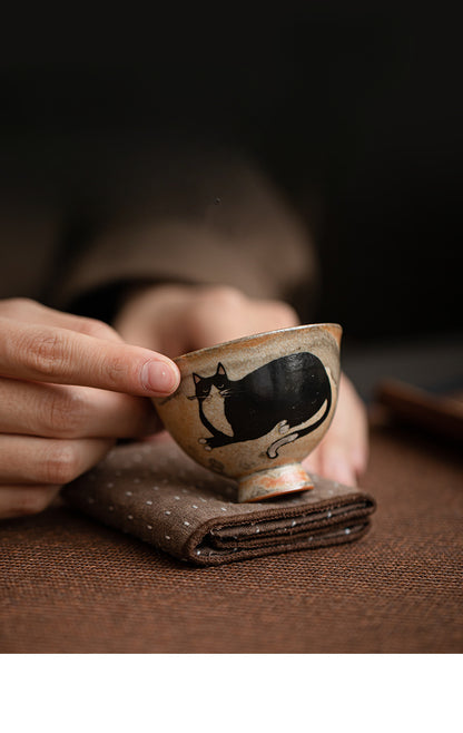 Gohobi Handmade Black Ink Hand-painted Cat Tea Cup 002