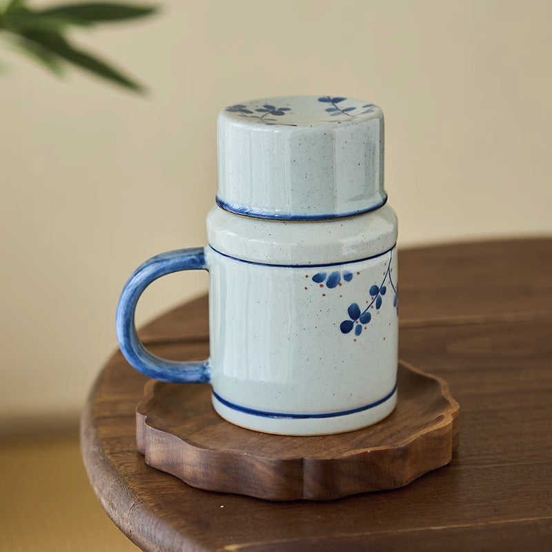 Gohobi Hand-Painted Blue and White Osmanthus Cat Mug with Lid Cup