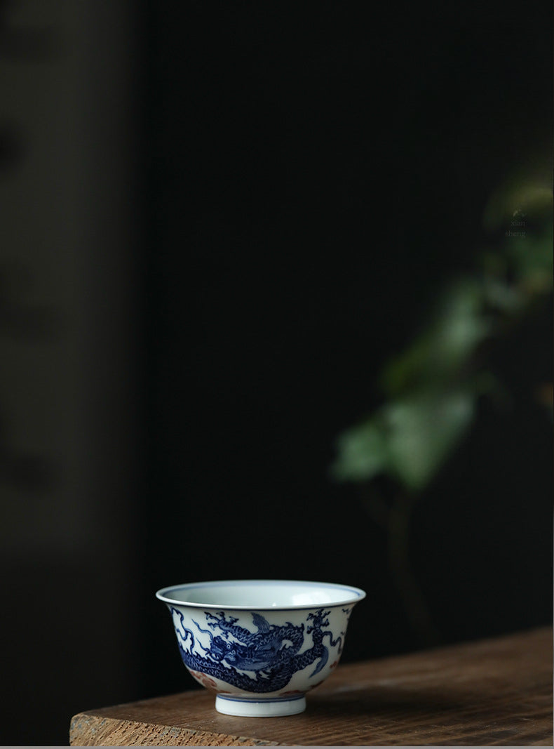 Gohobi Hand-painted Wood-fired Blue & White Dragon Porcelain Tea Cup