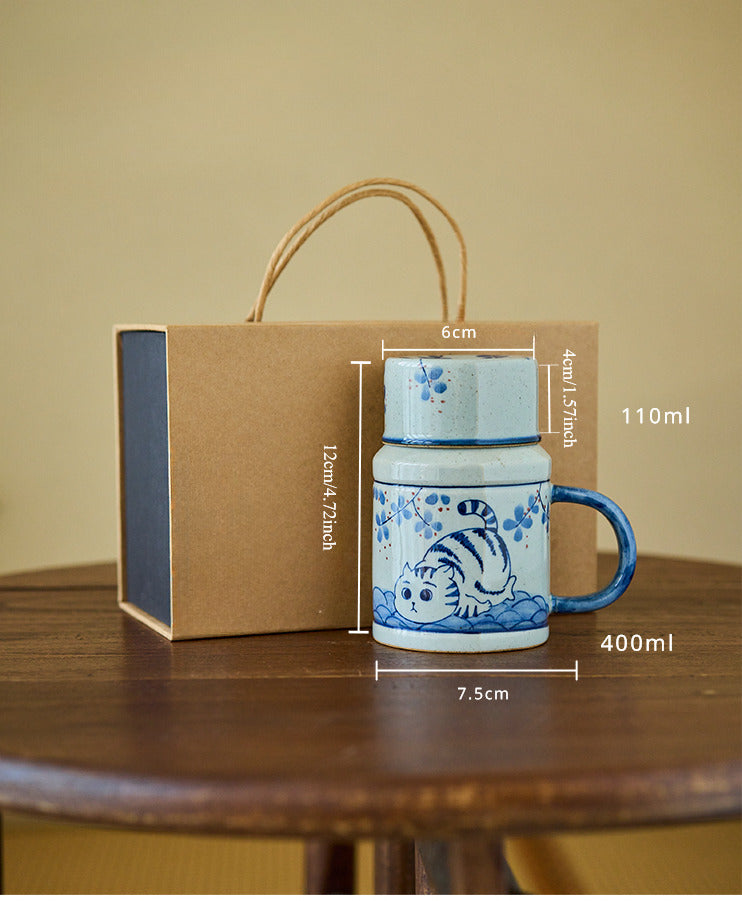 Gohobi Hand-Painted Blue and White Osmanthus Cat Mug with Lid Cup