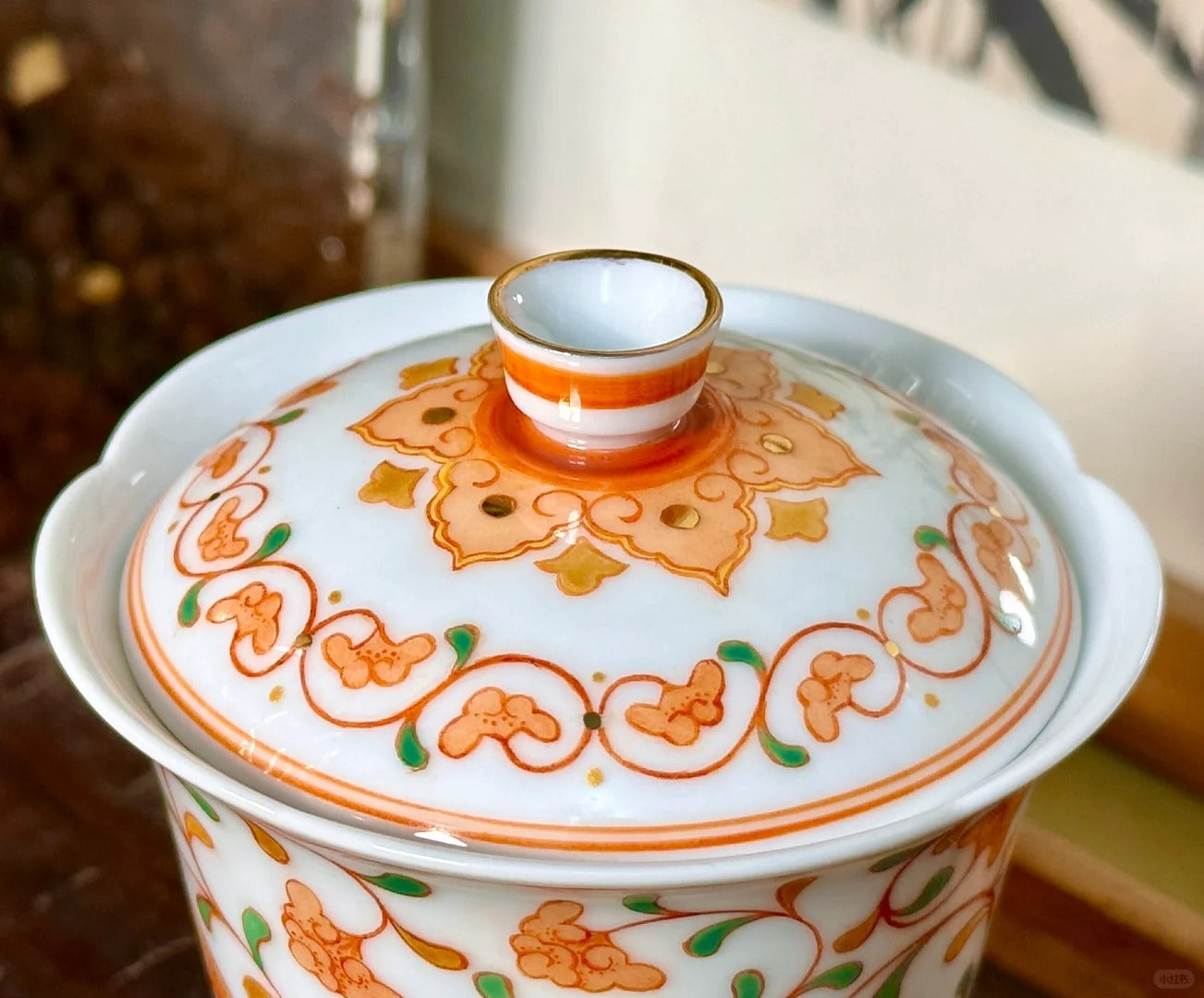 [Qinghetang x Gohobi Gallery] Hand-painted Golden Red Orange Ganoderma Lucidum Pattern Tea Gaiwan Saucer Plate Tea Cup