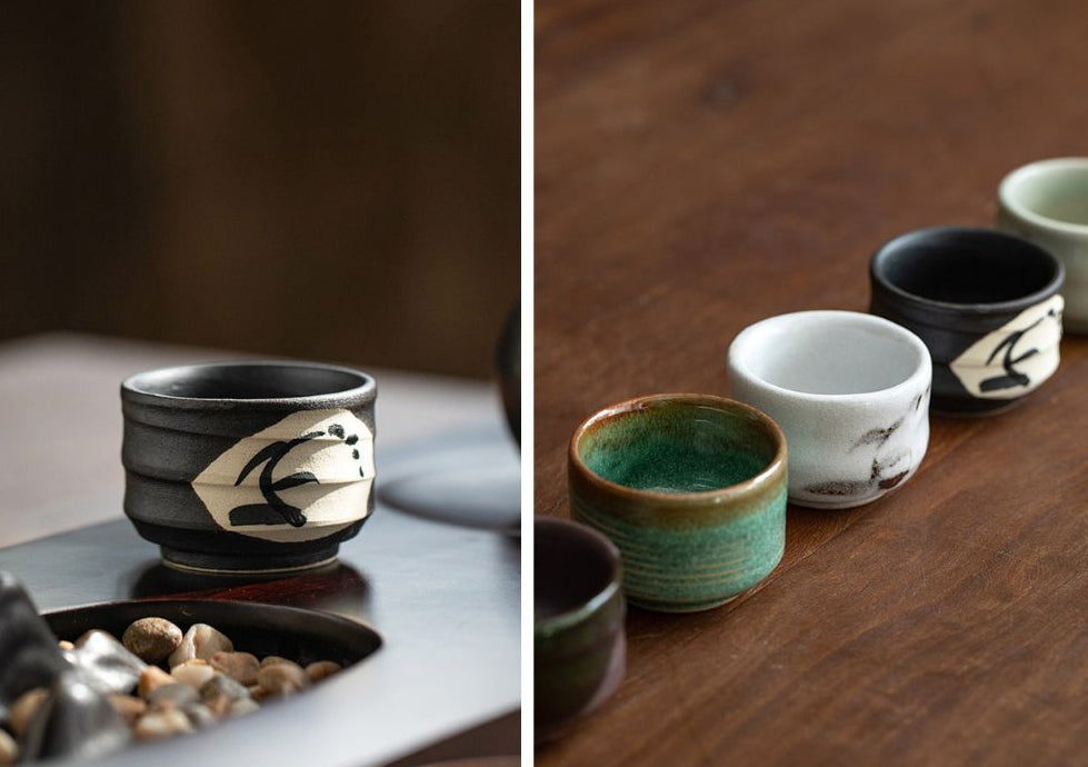 Gohobi Mino Yaki Evening Breeze Teacup Set - 5-Piece Simple Ceramic Cups with Wooden Box