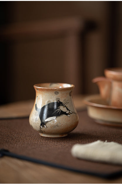 Gohobi Handmade Black Ink Hand-painted Cat Tea Cup 003