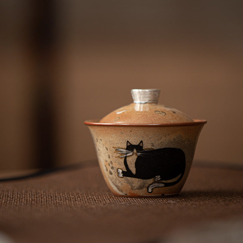 Gohobi Handmade Black Ink Hand-painted Cat Gaiwan 007