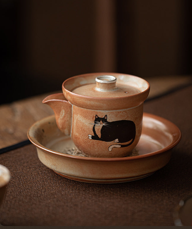 Gohobi Handmade Black Ink Hand-painted Cat Gaiwan 002  Hohin Teapot