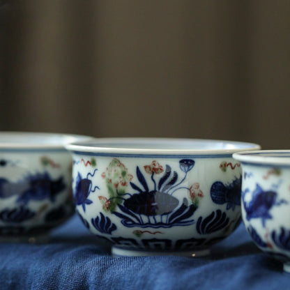 Tasse à thé en bois peinte à la main Gohobi en forme de poisson Yongle rouge, bleu et blanc pressé à la main