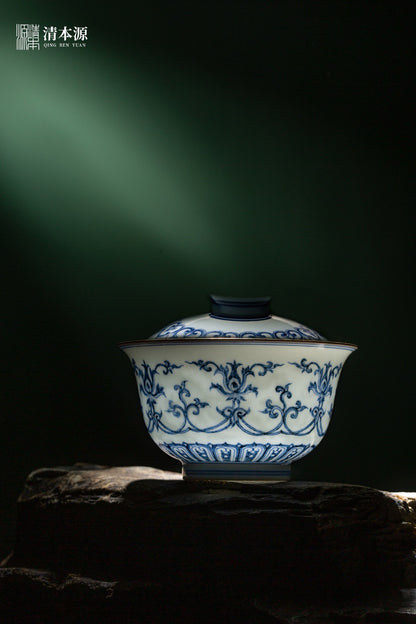 [清本源 x Gohobi Gallery] Double-Dragon Pattern Blue-on-Blue Precious Lotus Gaiwan