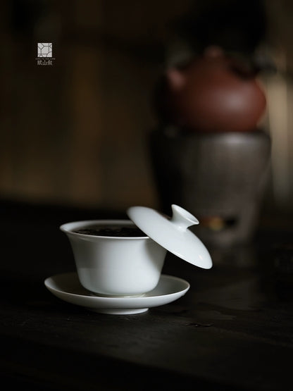 [賦山敘 x Gohobi] Gaiwan et soucoupe en céramique blanche de jade faits à la main de Jingdezhen