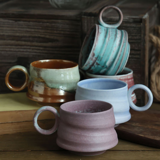 Ensemble de tasses et soucoupes à café au lait en grès japonais faites à la main par Gohobi