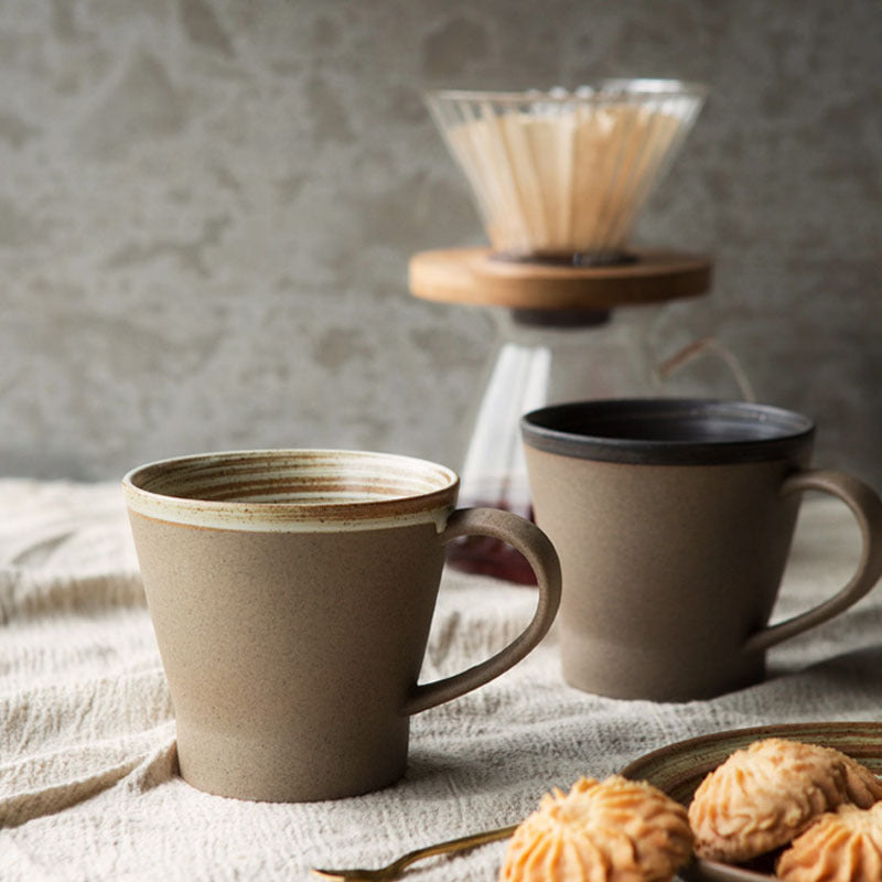 Gohobi Handmade Stoneware Black and Brown Coffee Mug and Saucer