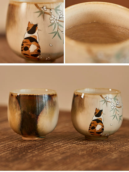 Gohobi Hand-painted Orange & Black Cat Ceramic Tea Cup