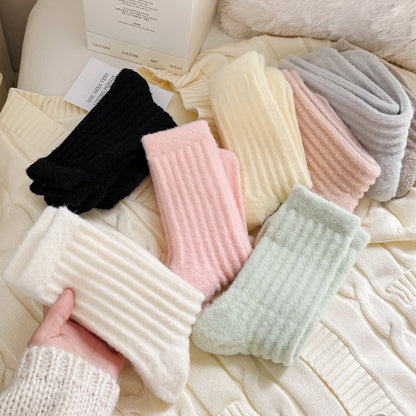 Chaussettes épaisses pour femmes automne et hiver, chaussettes chaudes en polaire épaisse imitation vison, chaussettes tube couleur unie à bande verticale, chaussettes de confinement pour sommeil d'hiver