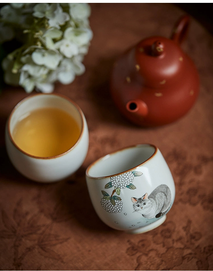Gohobi Hand-painted Grey Cat Hydrangeas Ceramic Tea Cup