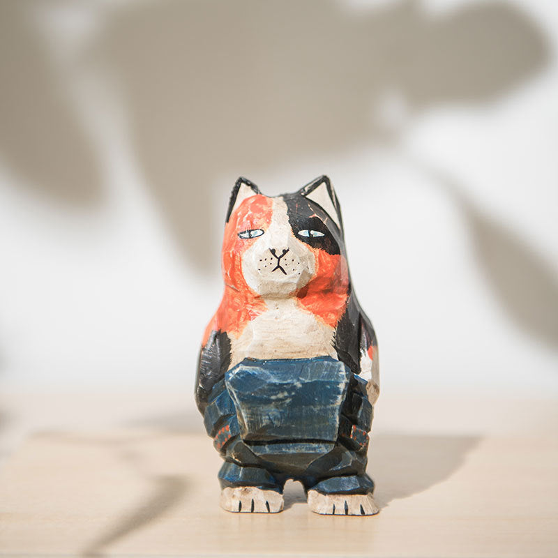 Gohobi Handcrafted Wooden Large Cat Ornament (Denim Version)