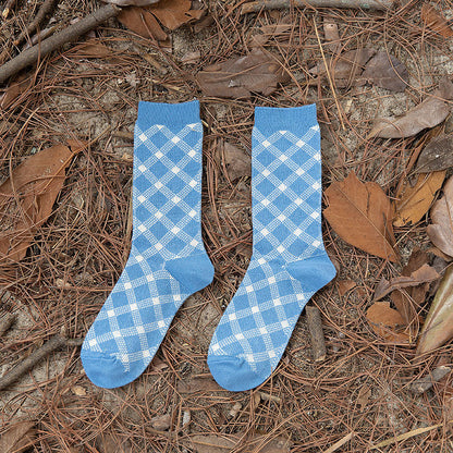 Chaussettes en coton à double aiguille mignonnes et fraîches pour enfants, fil épais et rétro bleu