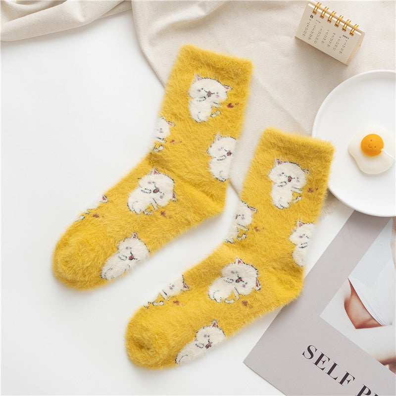 Chaussettes en polaire fufu douces automne et hiver nouvelle vache de dessin animé mignonne chaussettes en polaire corail épaisses chaussettes à tube moyen chaussettes moelleuses pour enfants